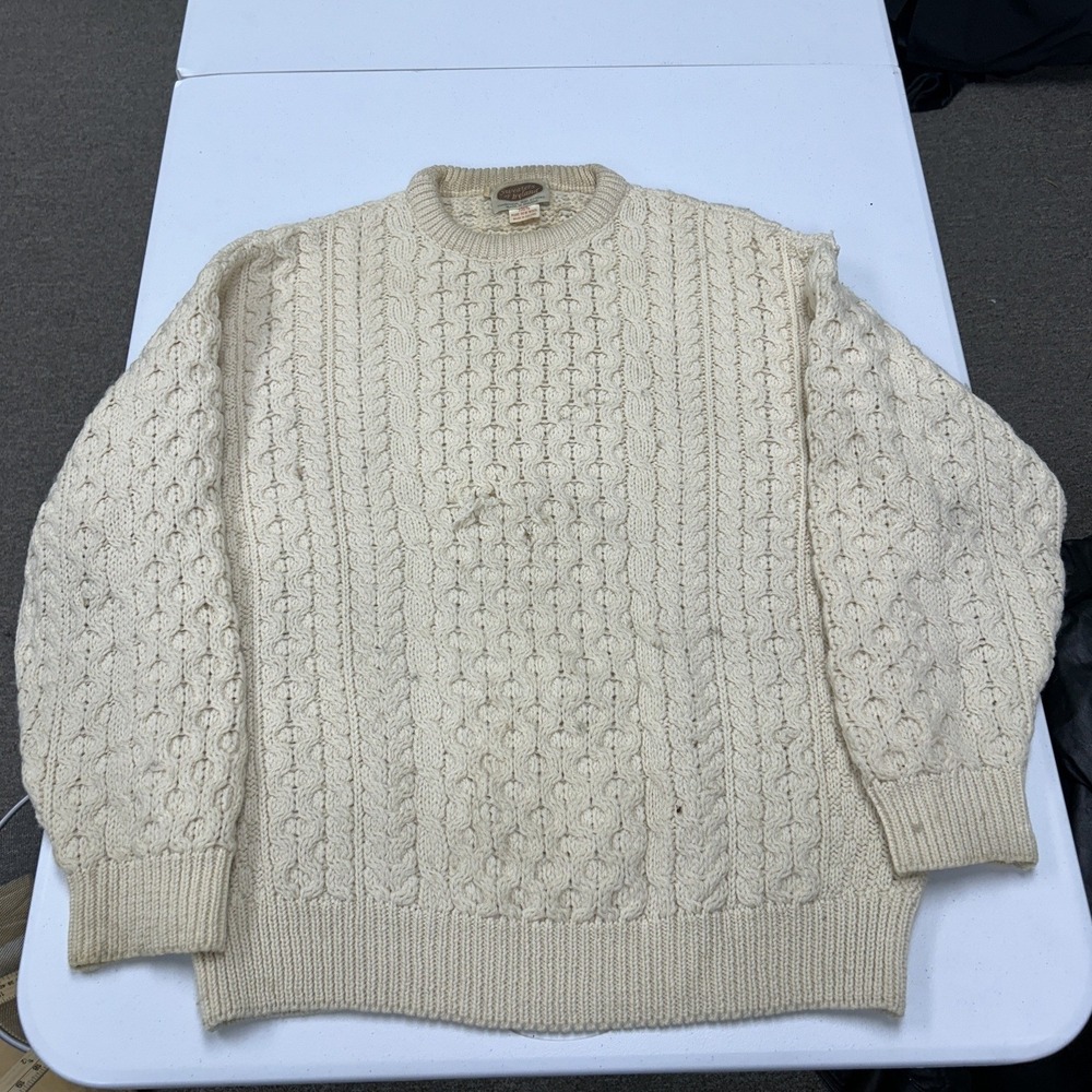 Sweaters of Ireland Cable Knit Wool Sweater Mens XL Cream Made in Ireland Aran